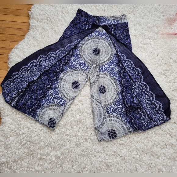 Boho Blue Palazzo Wide Leg Pants Mandala Lace Print O/S Beach Festival Beach - Picture 3 of 5